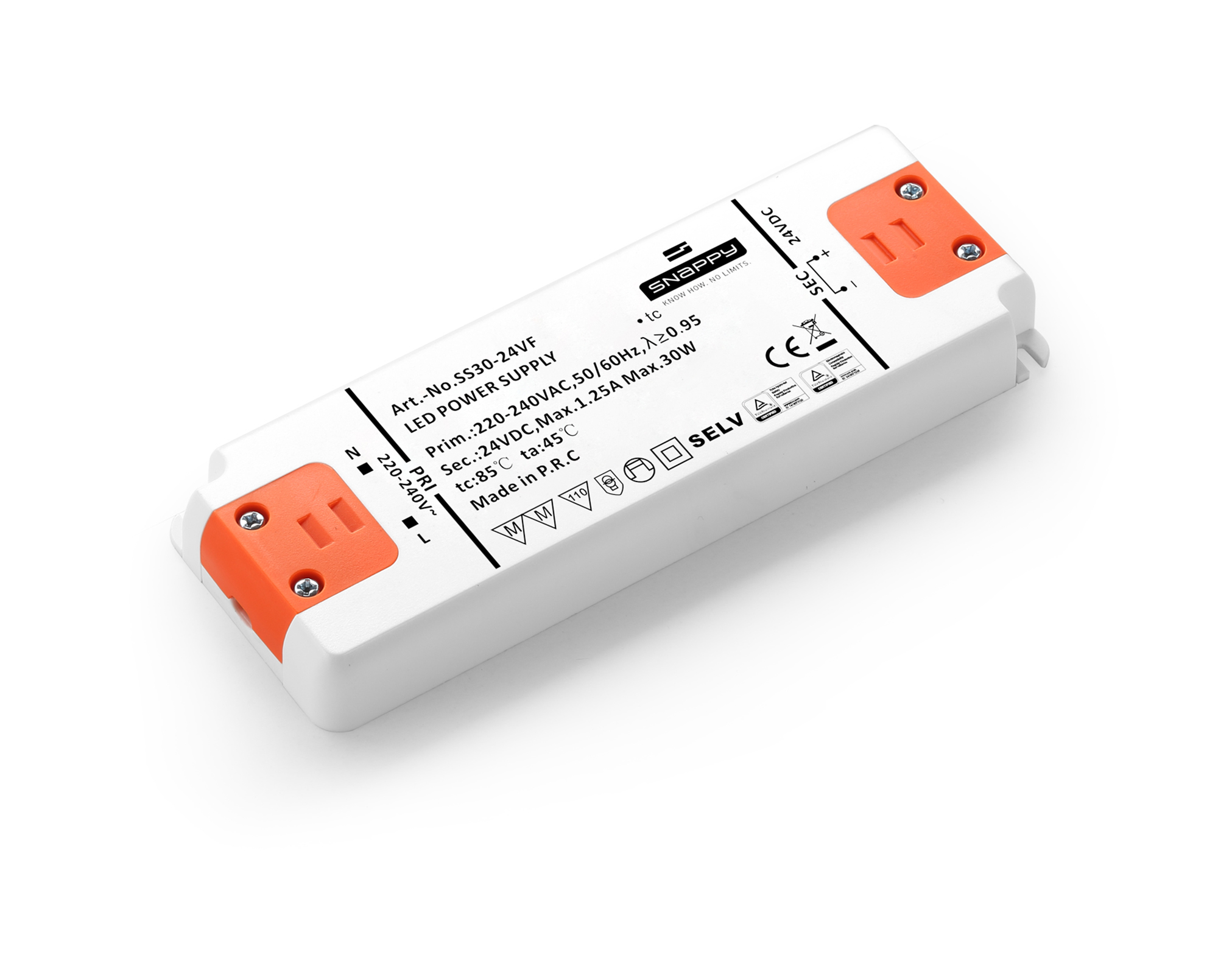 SS30-24VF  SS; 30W; Constant Voltage Non Dimmable PC LED Driver; 24VDC; 1.25A; Pf>0.9; Efficency >80%; TC:+85?; TA:45?; IP20; Screw Connection; 3 yrs Warranty.